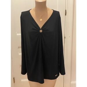 Nine West Black Long Sleeve V Neck Ring Detail Top Women's Size XL